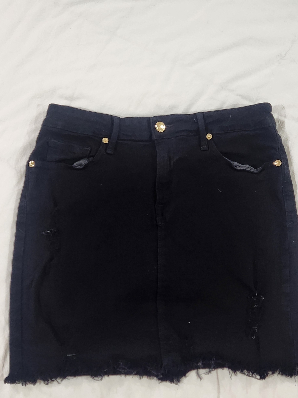 Good American Black Denim Distressed Mini Skirt